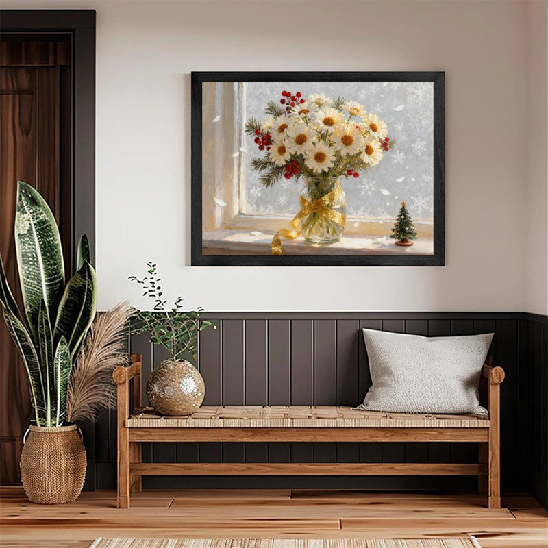 Art mural noir rétro avec fleurs de Noël, impressions encadrées rustiques et festives, H 13 po x l 17 po