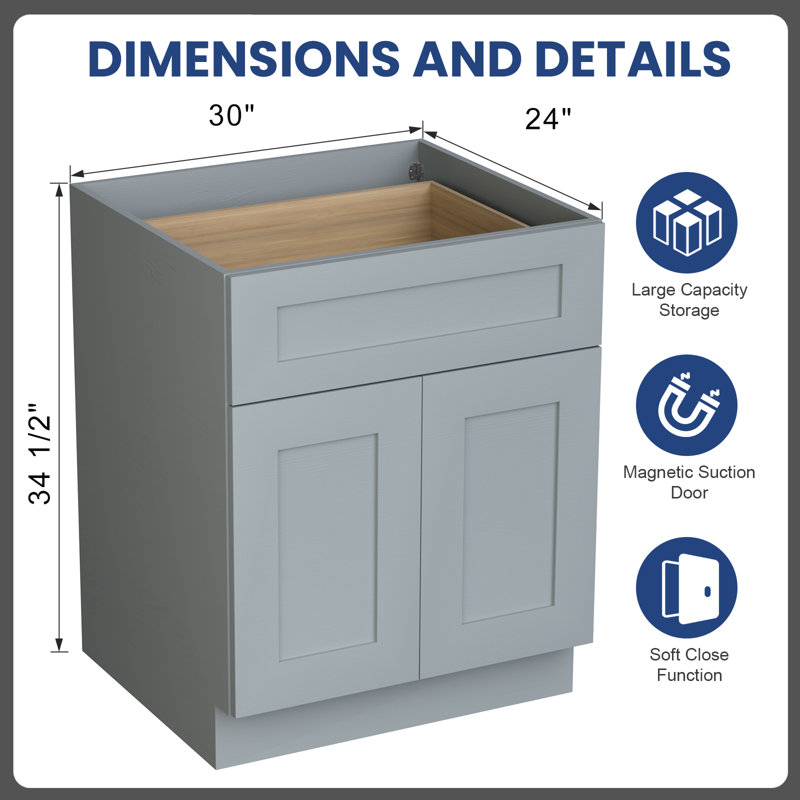 Armoires de cuisine en contreplaqué prêtes à assembler avec 2 portes, 1 tiroir et 1 tablette réglable, Gris, 30"