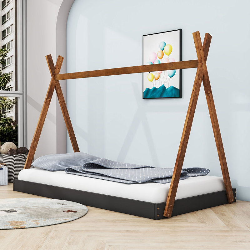 Twin Size Wooden Tent Floor Bed with Triangle Structure, Black/Brown