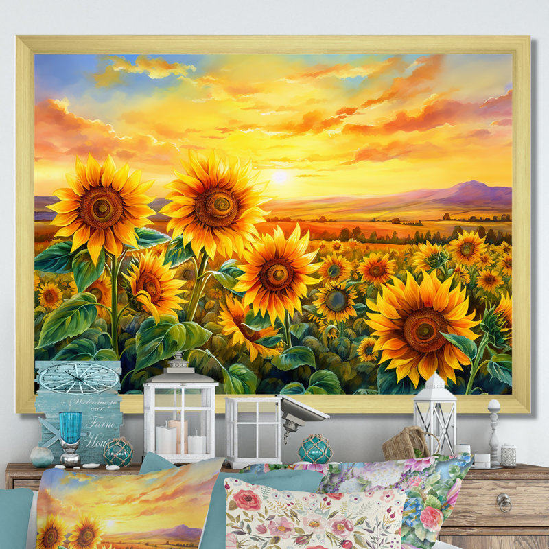 Sunflowers Burning Sunset - Tournesols, reproductions encadrées, H 16 po x l 32 po x P 1 po, Encadrement doré