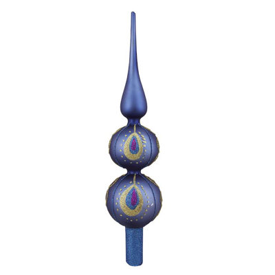 13" Blue and Gold Glitter Regal Peacock Glass Finial Christmas Tree Topper - Unlit