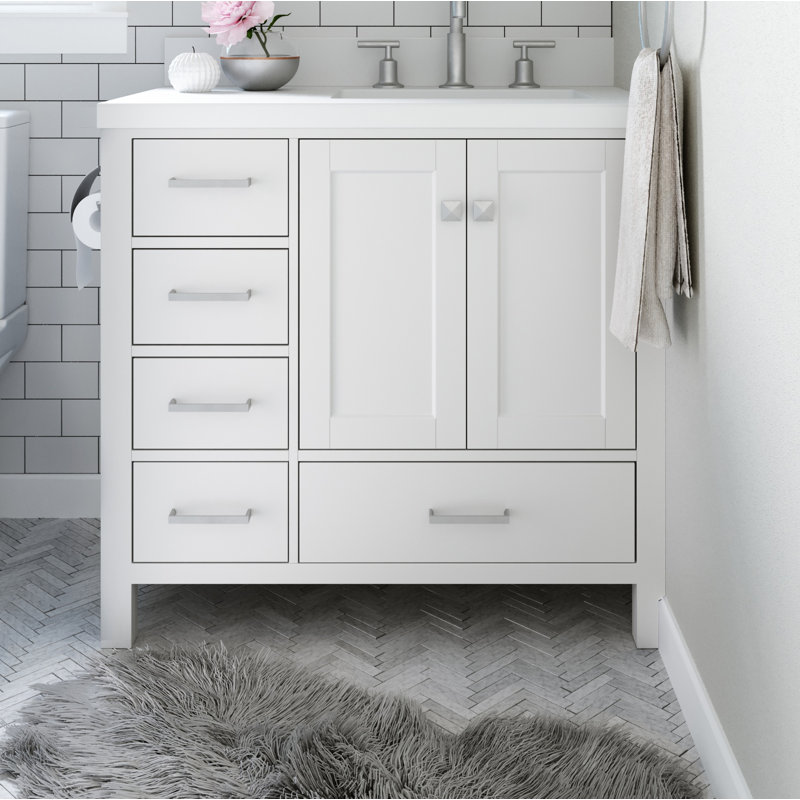 Cambridge 37'' W Single Vanity, White, Pure White Quartz, Rectangular