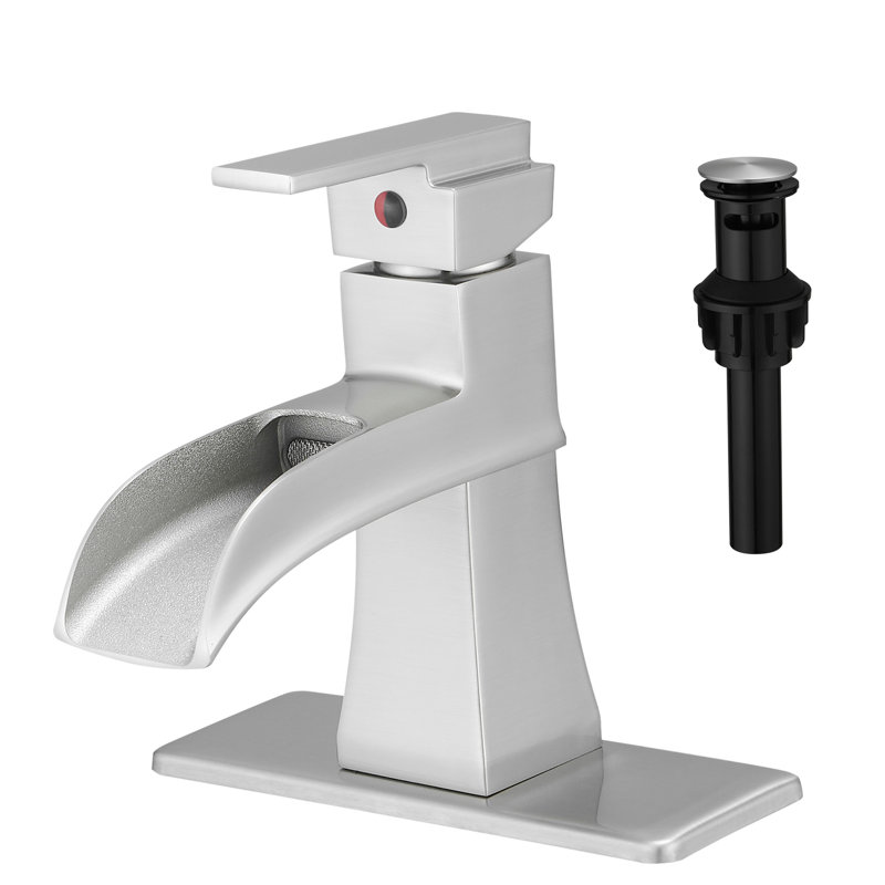 Contemporary Bathroom Sink Faucet, Waterfall Spout, Brushed Nickel Finish, Deck Plate, Pop Up Drain, Supply Lines, One Tap Mounted With Nickel, One Handle, Hot And Cold Water