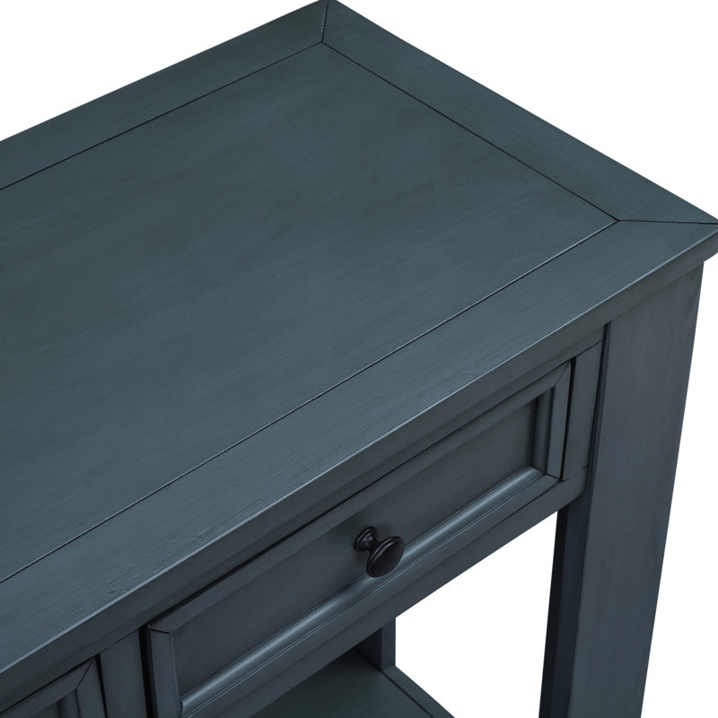 Console élégante en bois massif : bleu marine avec tiroir et tablette de rangement. Table console rectangulaire : pour