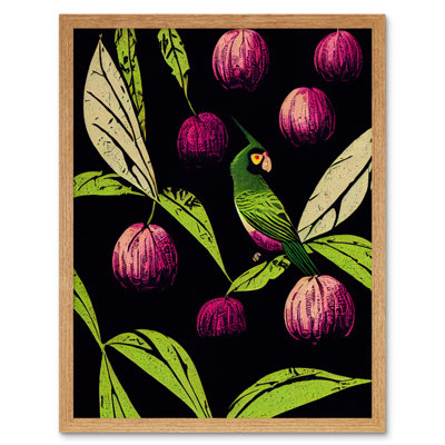 Tree Fruit Parrot Linocut Modern Vintage 1 Piece Painting