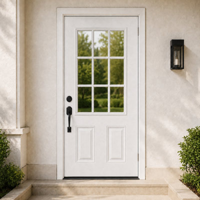 36" x 80" Fiberglass Front Entry Door, White Primed Woodgrain, 9-Lite Clear Low-E Glass, Right-Hand Inswing, ,only Slab