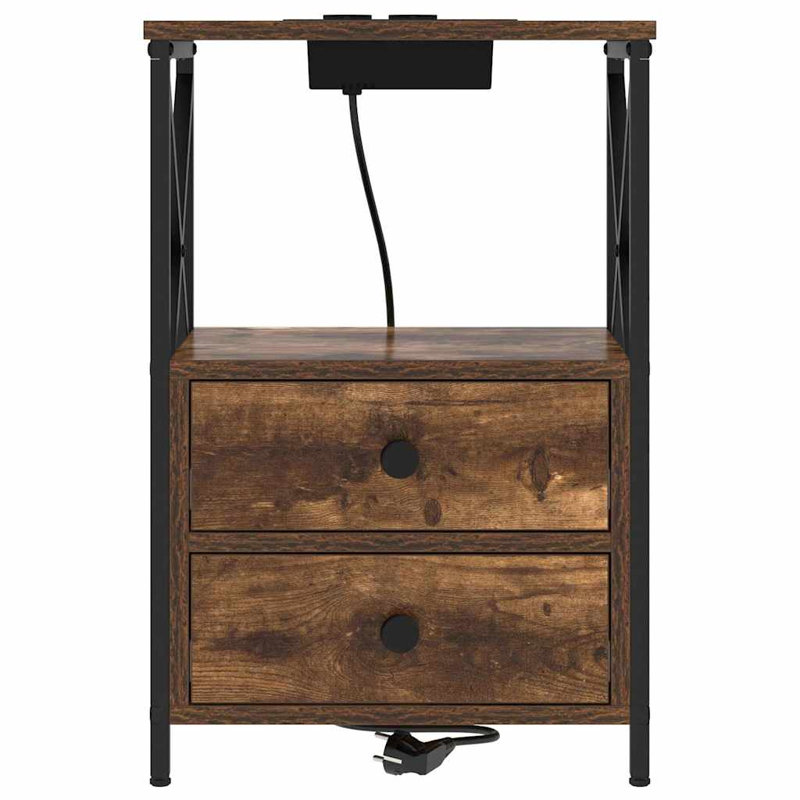 Bedside Cabinet With Charging Station With Drawer, Smoked Oak