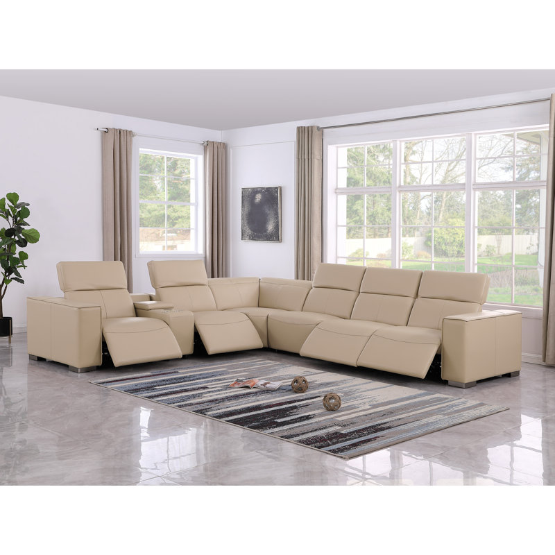 Huntington Luxurious Genuine Leather 7-Piece Sectional With 4 Power Reclining Seats & Power Headrest, Beige