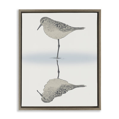 Tranquil Sandpiper Bird Reflection Brown Grain Framed Floater Canvas Wall Art by Ziwei Li