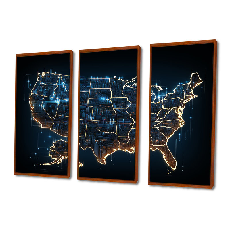 Carte des États-Unis, points lumineux - ensemble d'art sur toile, carte des États-Unis, H 40 po x l 60 po