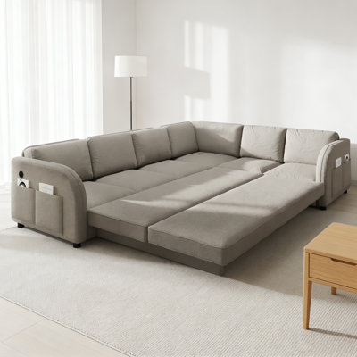 115.2" L-Shaped Sofa Couch with Pull-Out Bed,Oversize Convertible Sleeper Sofa with side Pocket & USB Port,Teddy Upholstered Sectional Couches with Convert Left/Right Facing, Light Grey
