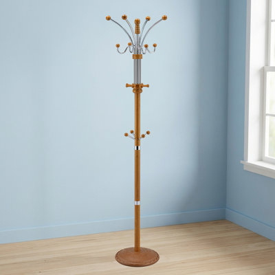 73" Tall Chrome and Wood Coat Rack, Oak finish