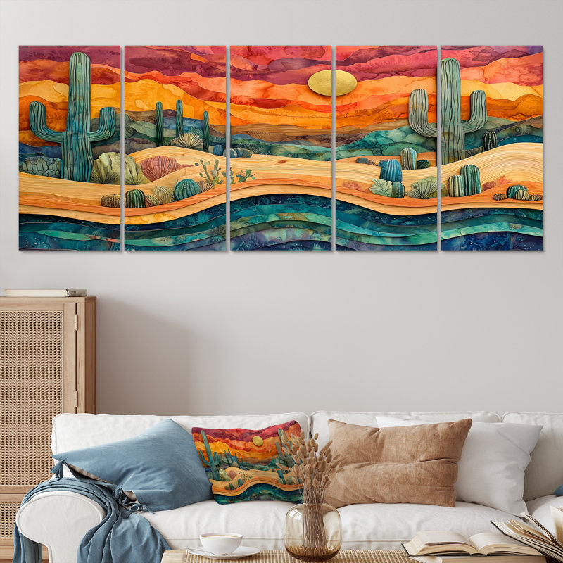 Cactus du désert sur un plateau en bois II - Cactus floral - ensemble d'art mural traditionnel, H 28 po x l 60 po, 5