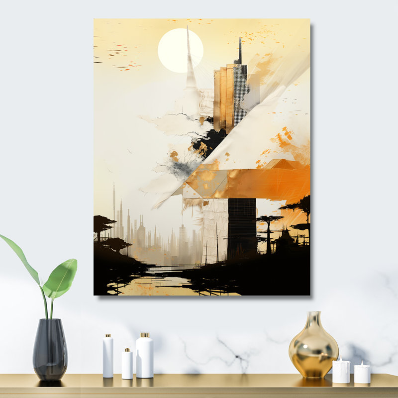 «Gray and Gold Sunset Collage II», art mural abstrait en métal, H 40 po x l 30 po x P 1,5 po