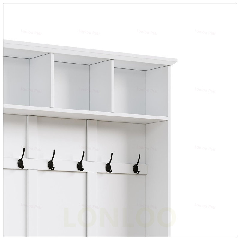 Versatile 3-in-1 Hall Tree with 6 Hooks, Farmhouse Storage Bench, Adjustable Shelves, and Multiple Storage Space for Entryway