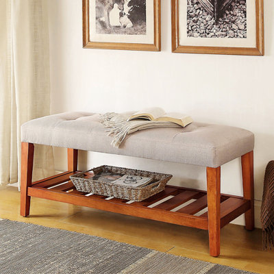Warwickshire 40" Modern Tufted Storage Bench with Slatted Shelf - Soft Polyester Upholstery & Solid Oak Tapered Legs
