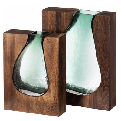 Pair Of 10 And 12-Inch Wood And Glass Inlay Vases - Merging The Natural Warmth And Texture Of Wood With The Elegance And Color Of Glass, Perfect For Enhancing Home Decor, Office Desk And Kitchen Table