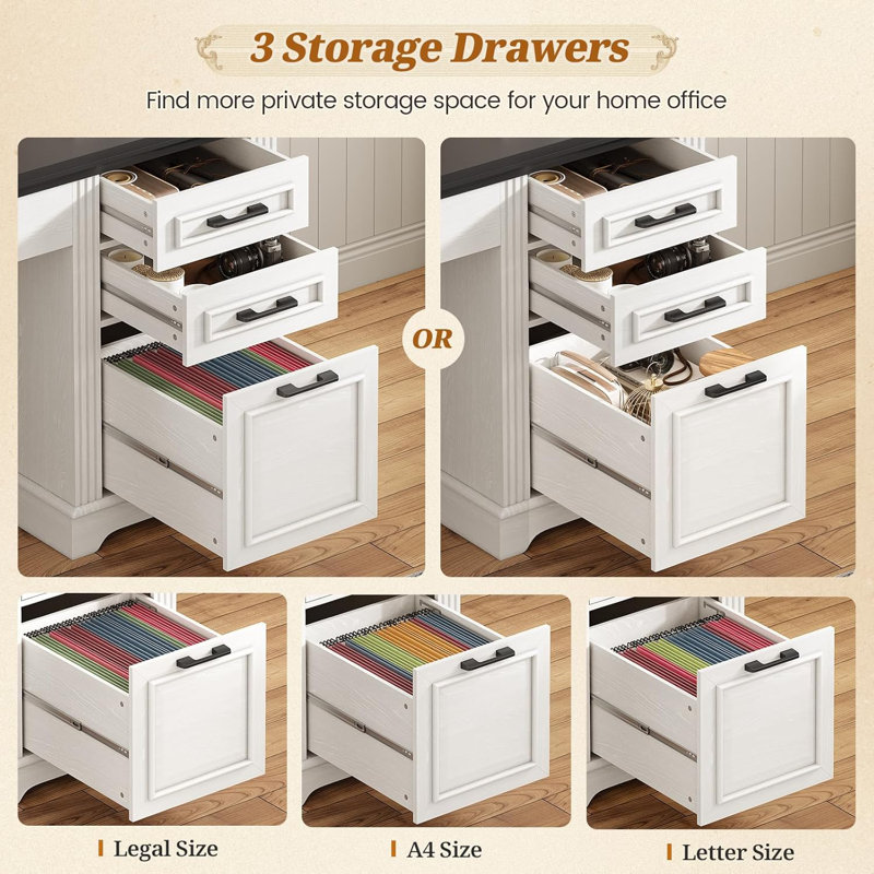 Farmhouse Computer Desk With Hutch And 3 Drawers, 47.2" Executive Office Desk With Storage Drawers, Wood Desk With Power Outlet For Home Office