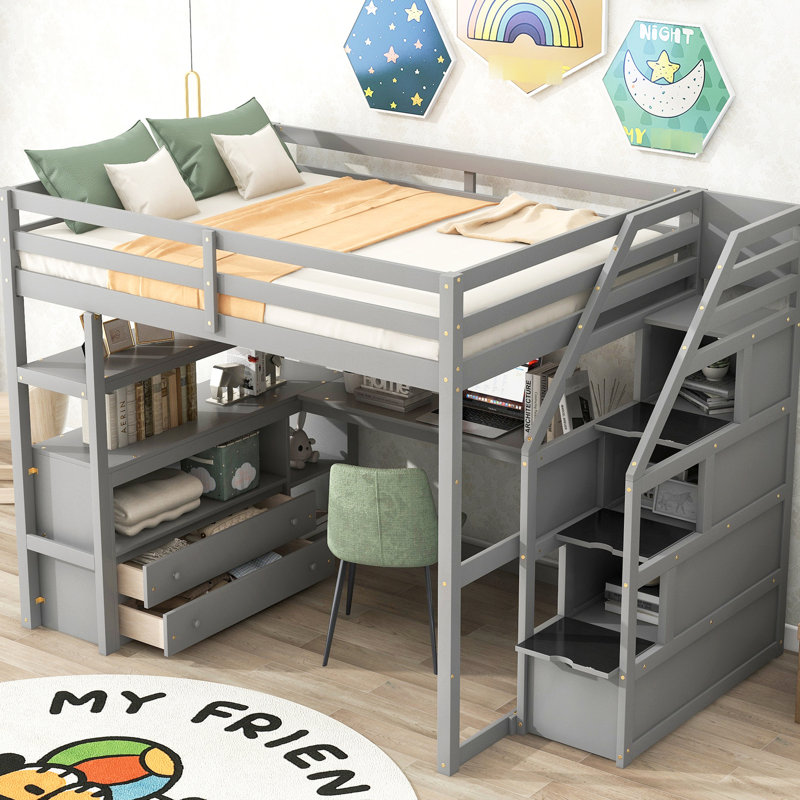 Lit mezzanine pleine grandeur gris avec bureau, tablettes et tablettes de rangement, tiroirs - Bois massif, Gris, Lit double
