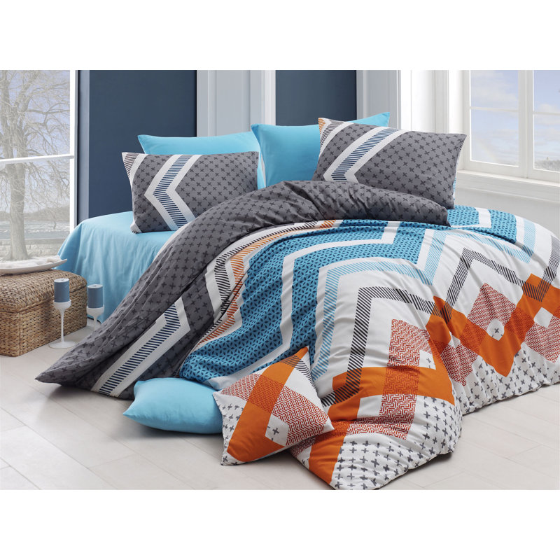 Ensemble de housse de couette en mélange de coton gris Pinero, Housse de couette 87 po x 87 po + 1 taie d'oreille, Turquoise
