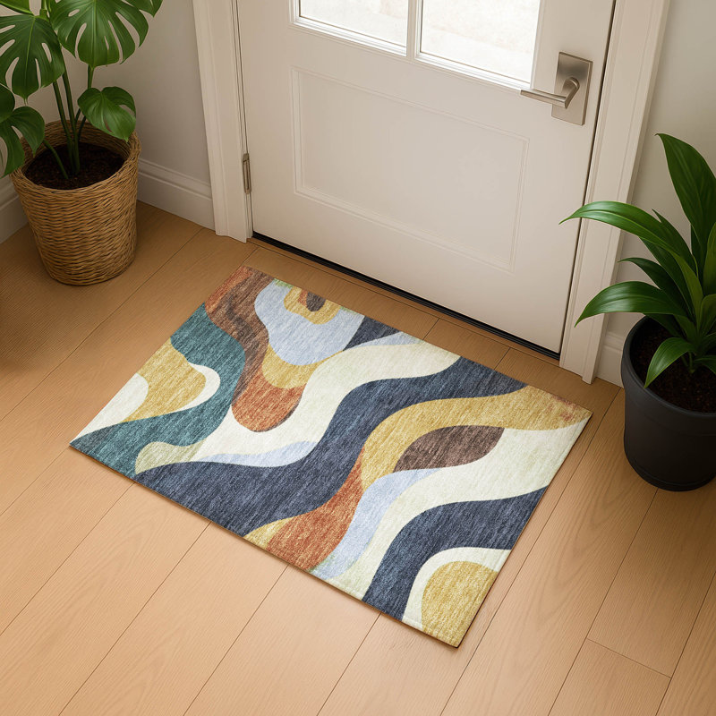 Premium Machine Washable Mayfield AMF2186 swirls Rug, 1'8" x 2'6", Gold