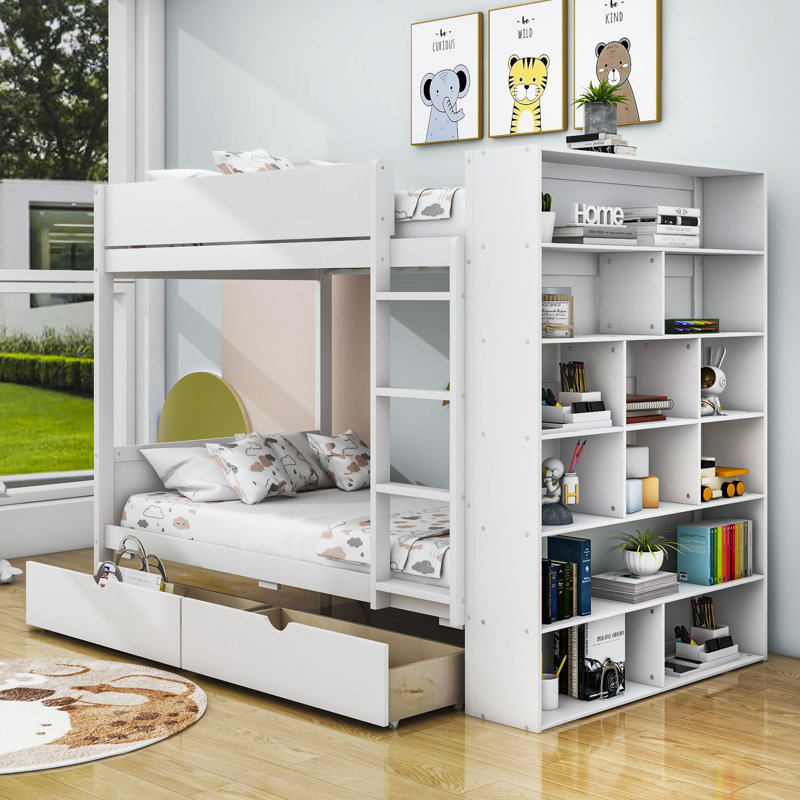 Lit superposé en bois 2 tiroirs avec armoire et lattes Jarif, Simple sur simple, Blanc
