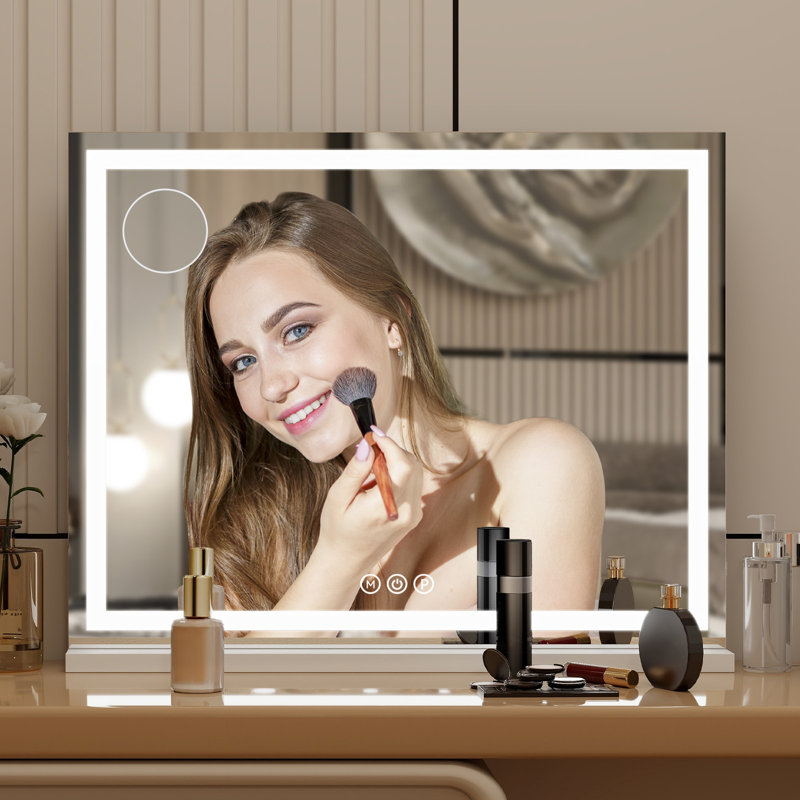 Makeup Mirror with 3 Color Lights, Large Lighted Vanity Mirror with Light Strip and Charging, 55cm x 70cm