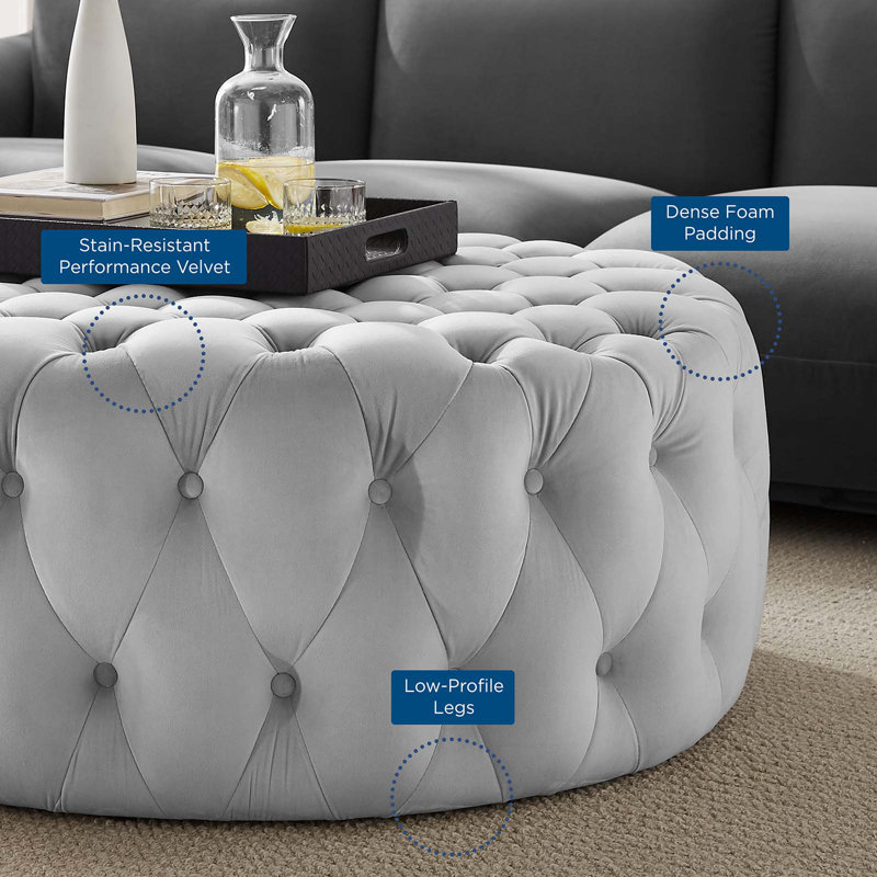 Luxurious Amour 40'' Light Gray Tufted Velvet Round Ottoman