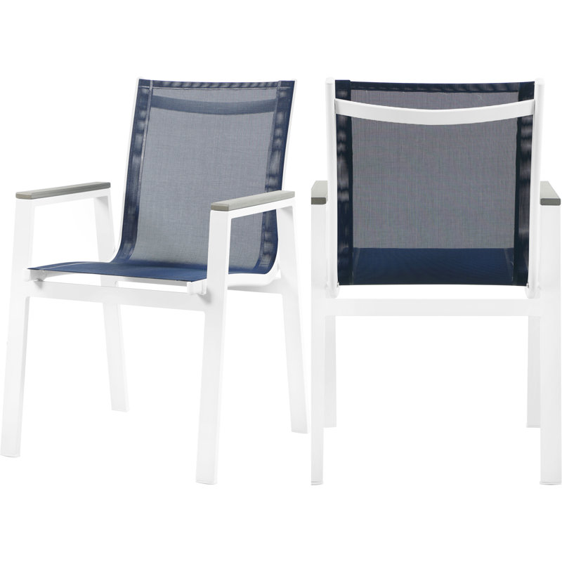 Fauteuil de patio empilable Lajoy, Bleu marine, Blanc, Gris