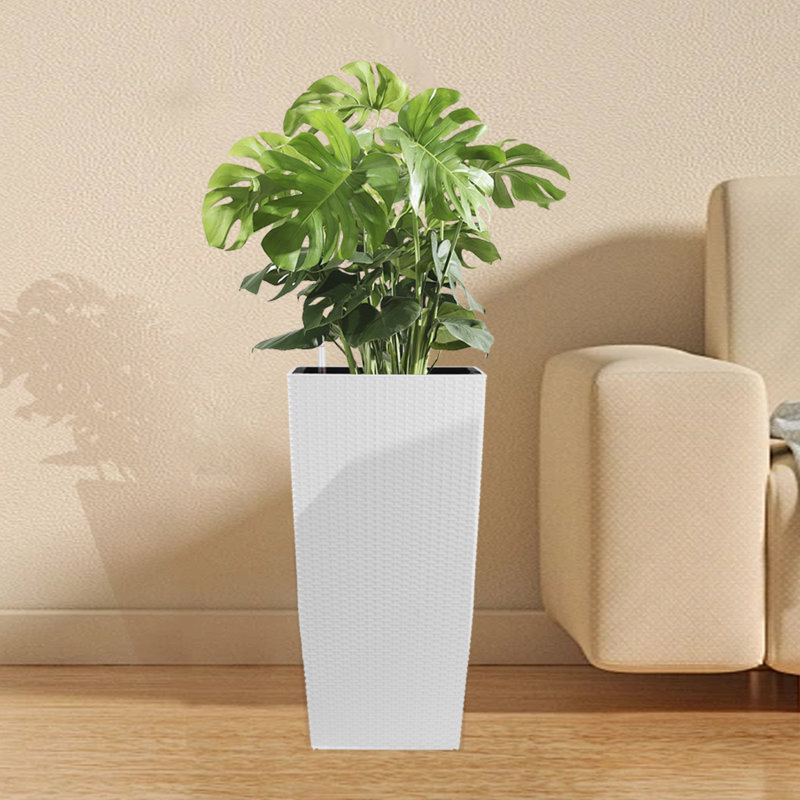 Indoor/Outdoor Modern Faux Rattan Design Square Planter, 22.6 Inch Plastic Large Planter With Automatic Watering System For Home And Garden (, 22.6 Inch - 2 Pack)