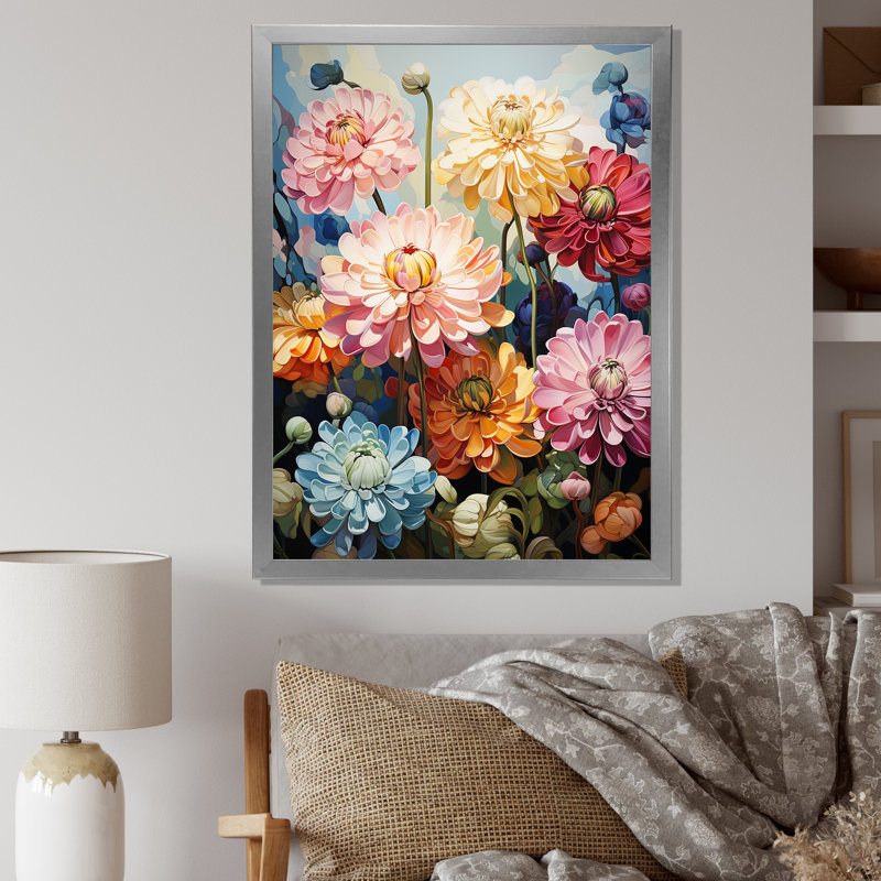 «Mute Tone Zinnias Field II», reproduction sur toile, Cadre simple argenté, H 20 po x l 12 po x P 1 po