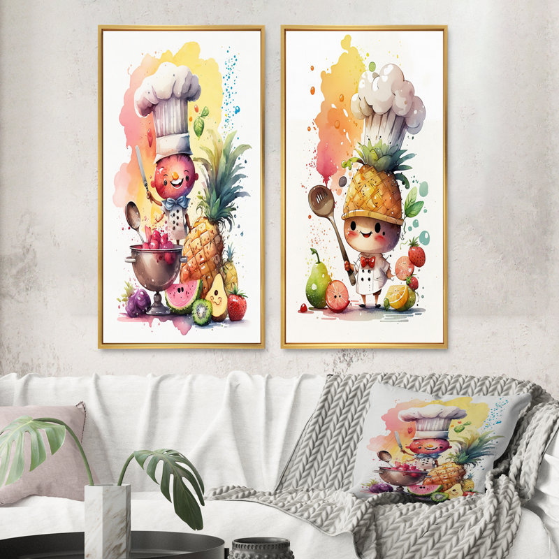 «Cute Chef Cooking With Fruit», 2 pièces sur toile, Encadrement doré, H 24 po x l 20 po