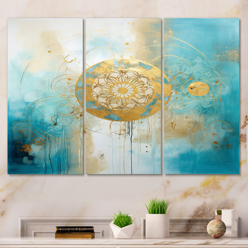 Boho, art mural sur toile, motif mandala doré - mandala divin délicat doré délicat turquoise VI, H 28 po x l 36 po x P 1 po