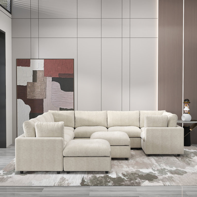 Kessi 10-Piece Upholstered Modern Chenille Fabric Modular Sectional Sofa With Ottoman, Beige Chenille