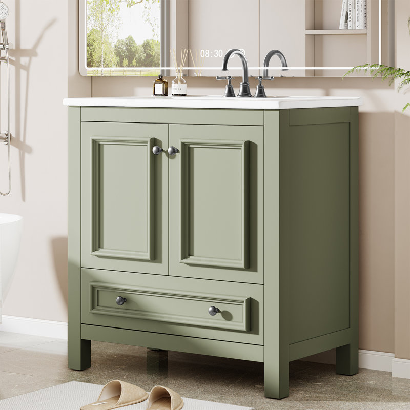Meuble-lavabo autoportant avec cadre en bois massif 30 po avec lavabo et organisateur de porte, Vert, 30"