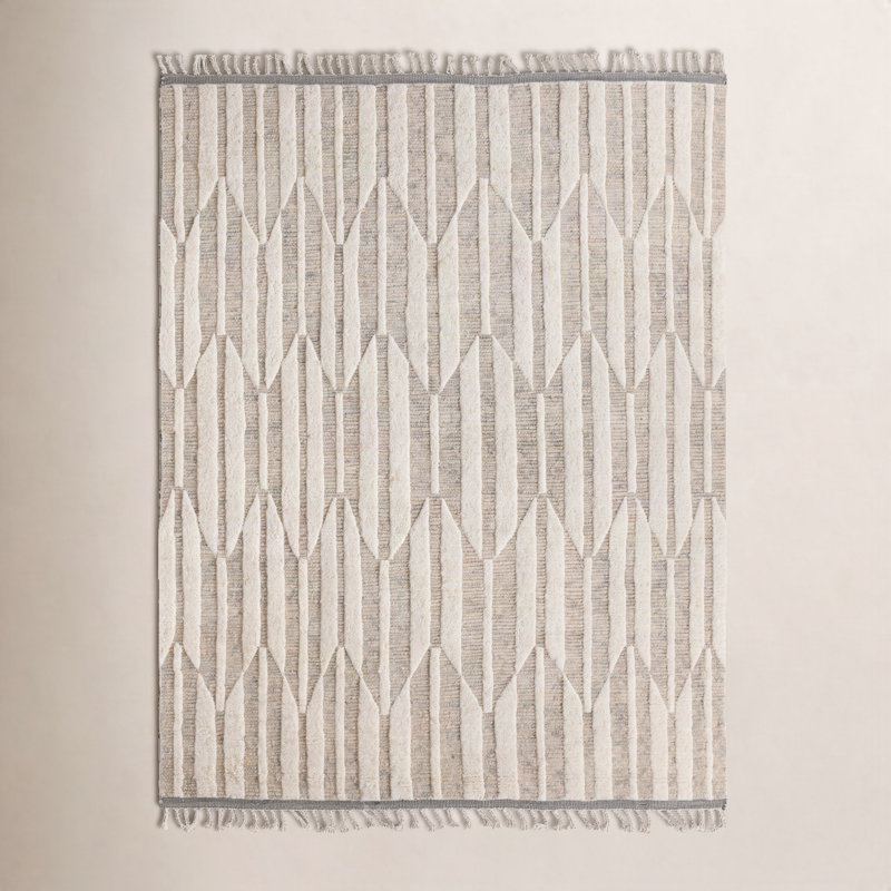 Hand Knotted Wool Geometric Area Rug in Beige/Ivory, Rectangle 8' x 10'
