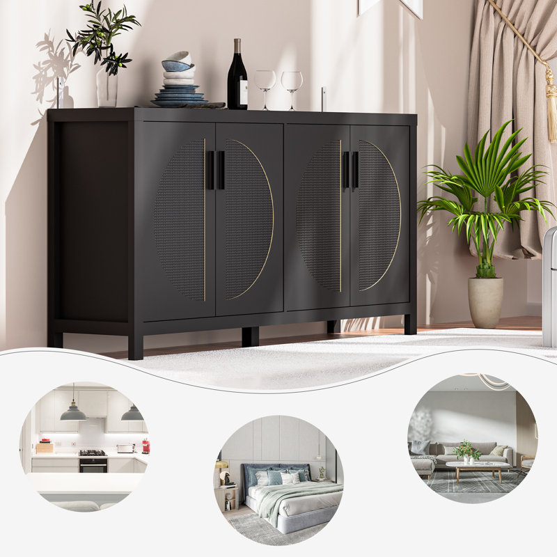Black Modern Sideboard Cabinet with Rattan Doors and Storage