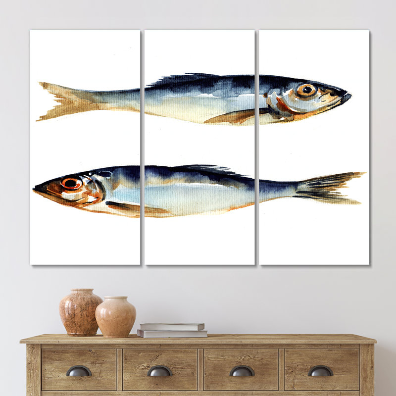 «Two Herring Fish On White», reproduction d'art sur toile nautique et côtière - PT40912, H 28 po x l 36 po x P 1 po