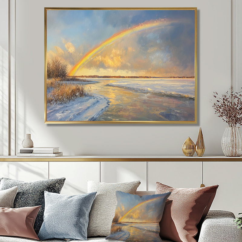 Arc-en-ciel au-dessus du lac gelé - art mural arc-en-ciel, H 12 po x l 20 po, Cadre flottant doré