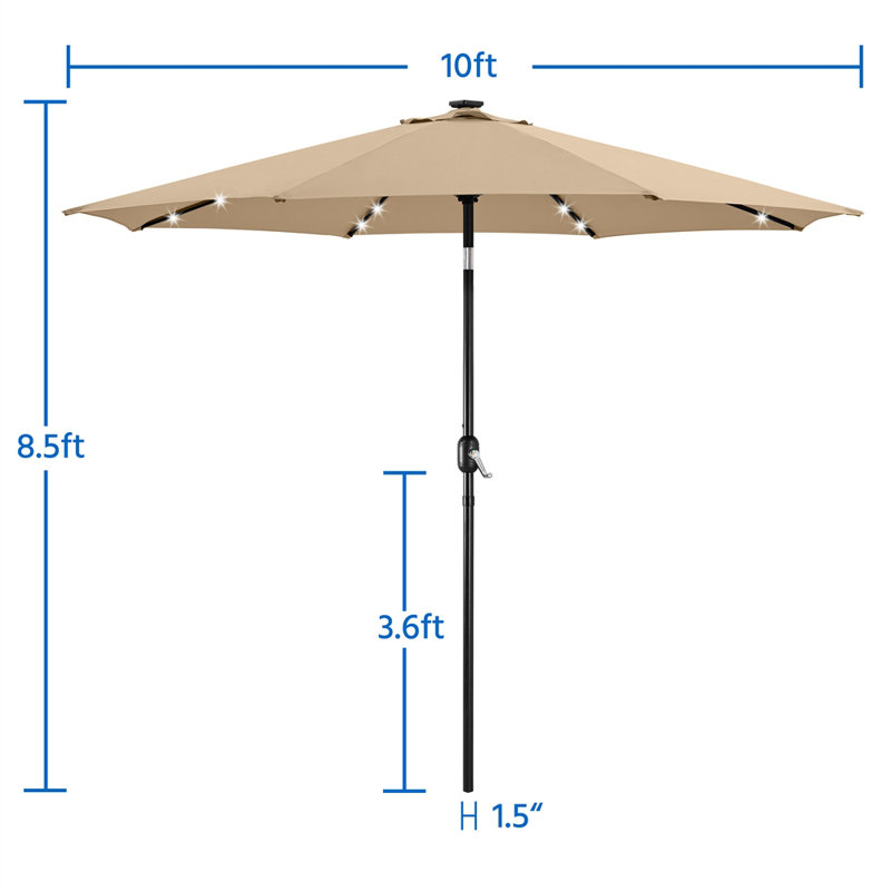 Parasol de patio 10 pi avec 8 baleines et 32 lumières DEL Harworth, Tanné