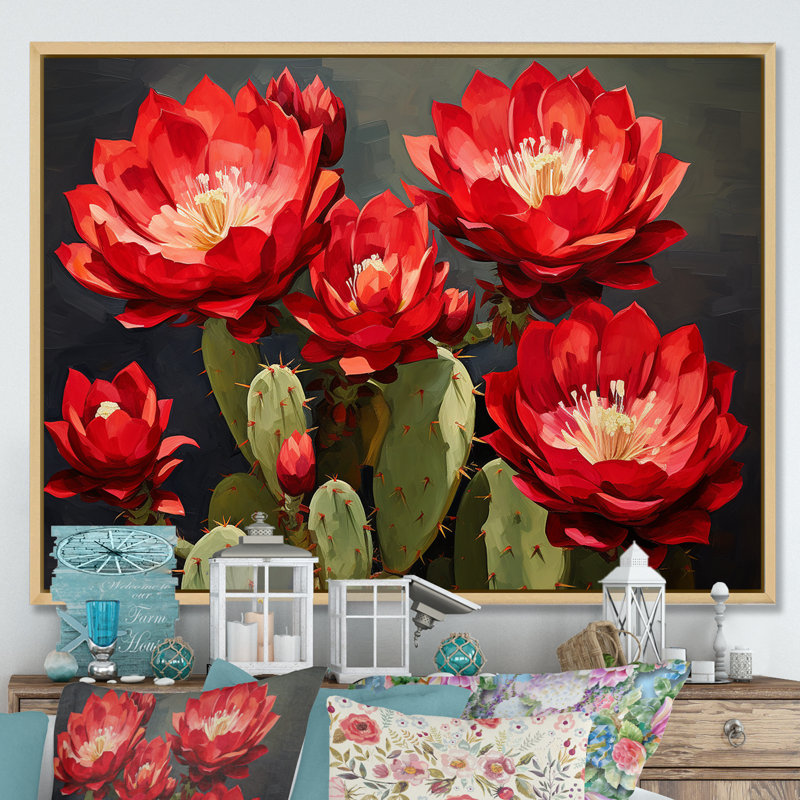 Cactus bourgogne fleuri, reproduction sur toile, Cadre naturel flottant, H 12 po x l 20 po x P 1 po