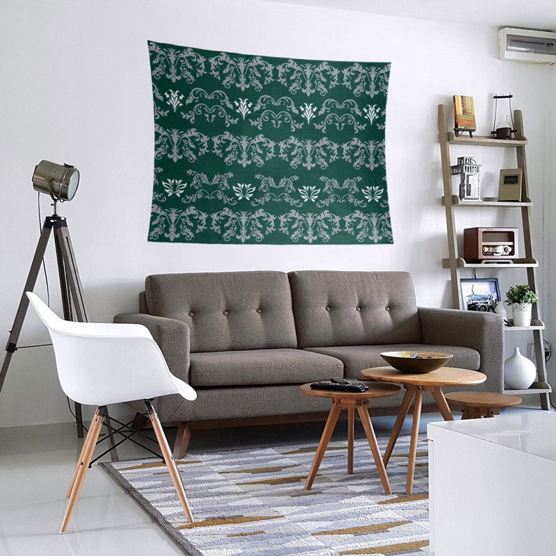 Tapisserie baroque en microfibre New York, H 27,5 po x l 37,5 po, Vert foncé / gris / blanc