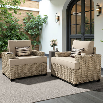 Carolle Modern Outdoor Pe Wicker Armchairs (Set Of 2) With Cushions, Wide-Arm Patio Chairs For Outdoor Use