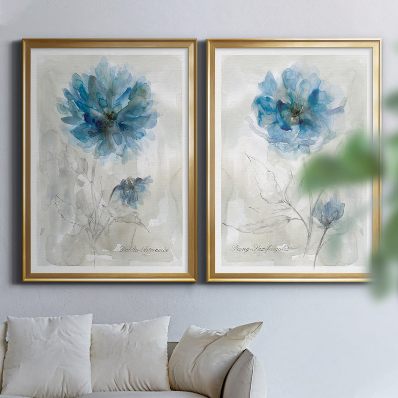 Blue Dahlia - ensemble de 2 reproductions d'art, H 18,5 po x l 49 po x P 1,5 po, Toile encadrée dorée, Pas de tapis