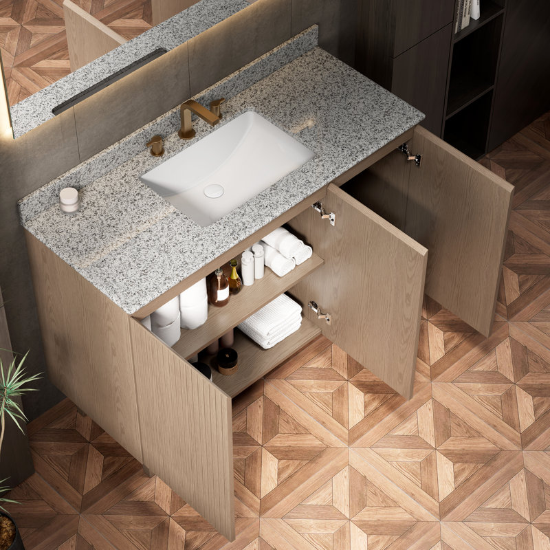 Meuble-lavabo de luxe autoportant de 122 cm (48 po) avec lavabo simple, comptoir en granit naturel et lavabo en céramique.