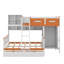 Lit superposé simple au-dessus d'un lit double en bois avec garde-robe, tiroirs, tablettes et DEL