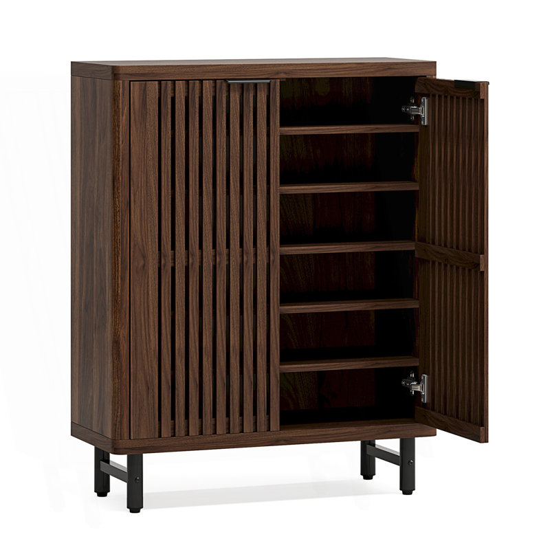 Modern 6-Tier Shoe Cabinet With Louvered Doors, Accent Cabinet, Dark Walnut