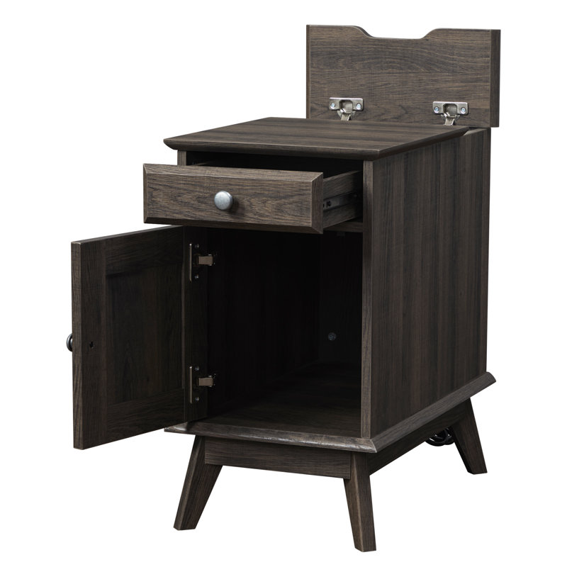 Alingtons 24.4" End Table - Storage Nightstand with Built-In Outlets, Smoke Oak
