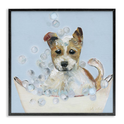 Fun Bubbles Puppy Bath Framed Giclee, design by Sally Swatland