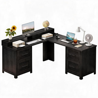 Bureau de 63 po en forme de L avec 4 tiroirs classeurs et prise de courant, grand bureau d'ordinateur de coin avec support pour écran et prises de courant, bureaux à domicile avec tiroirs de rangement.